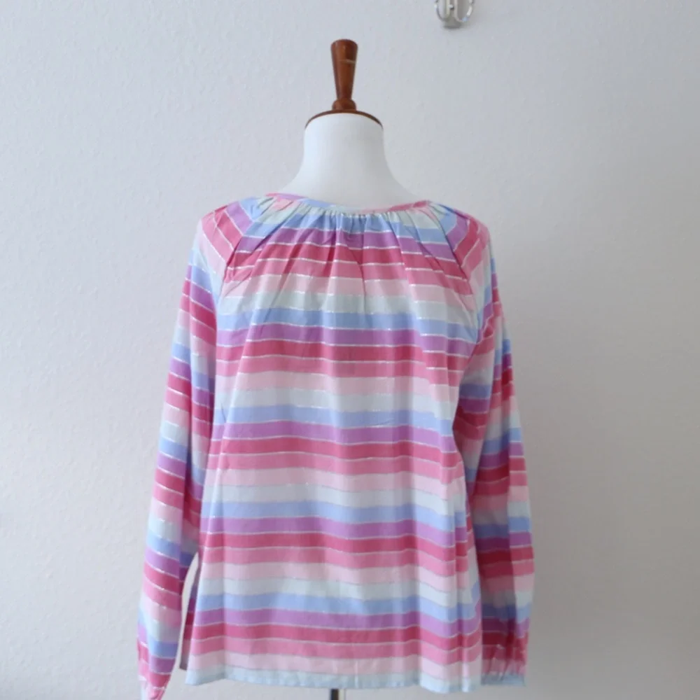 NWT J. Crew Metallic Pastel Pink Purple Striped Peasant Top Size Small